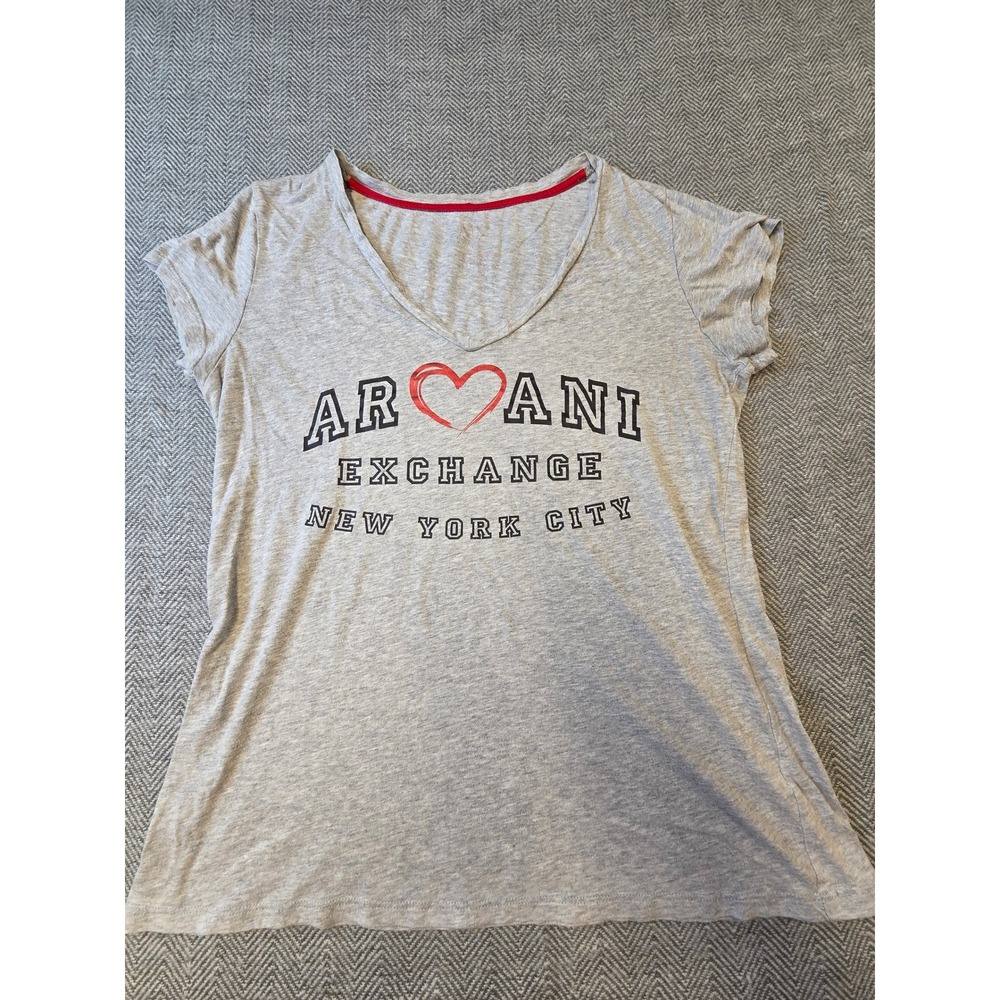 Armani Exchange T-Shirt Womens Gray Heart NYC Graphic Deep Short Sleeve V-Neck